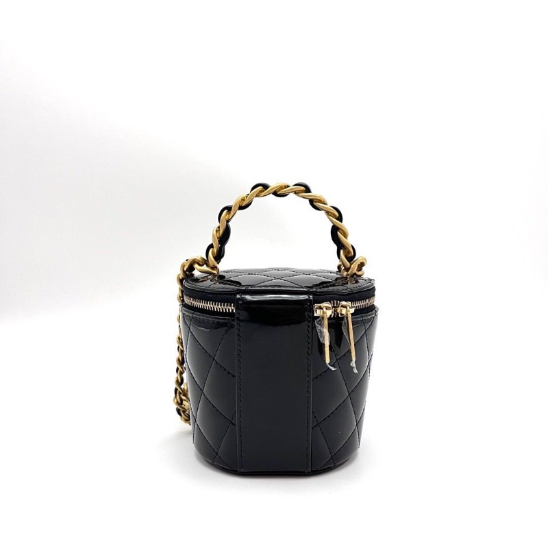 CHANEL 黑金菱格紋 漆皮手提肩背斜背包10*11*8cm 99新配件塵袋-5