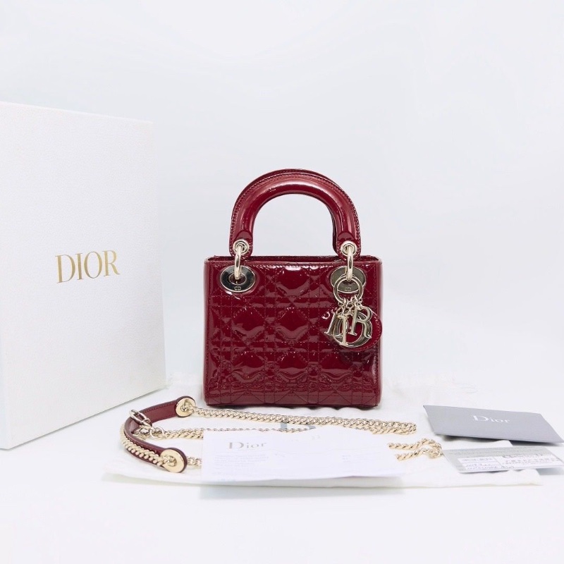 DIOR紅金漆皮三格黛妃手提斜背包17*15*7 99新配件盒子塵袋購證保卡-1