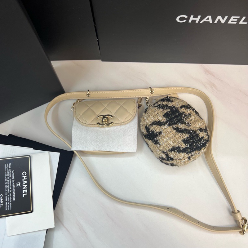 Chanel奶茶色千鳥格腰包-1