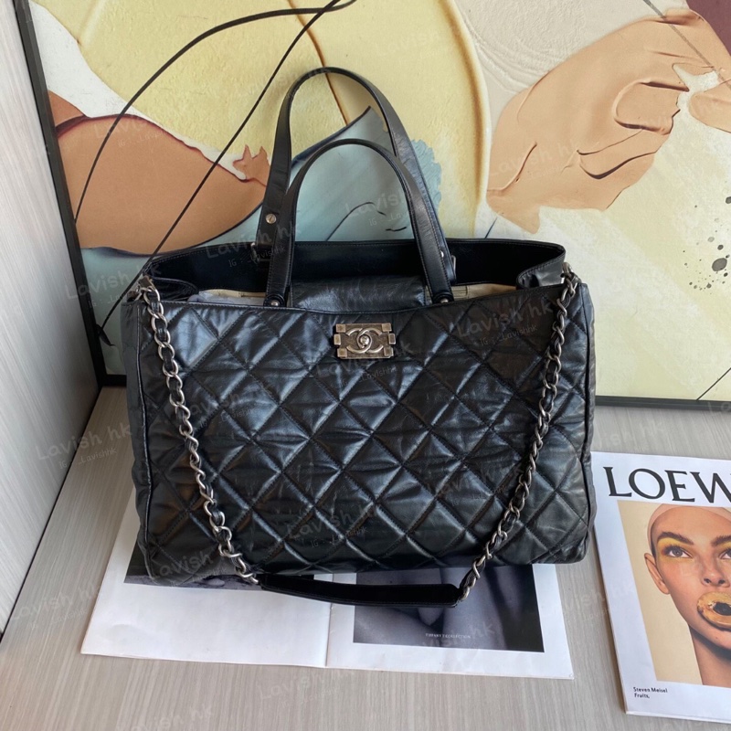 Chanel 做舊黑銀leboy 油蠟皮 手提單肩包-1