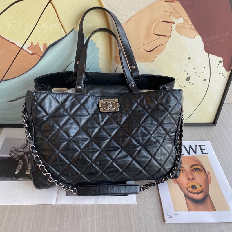 Chanel 做舊黑銀leboy 油蠟皮 手提單肩包-3