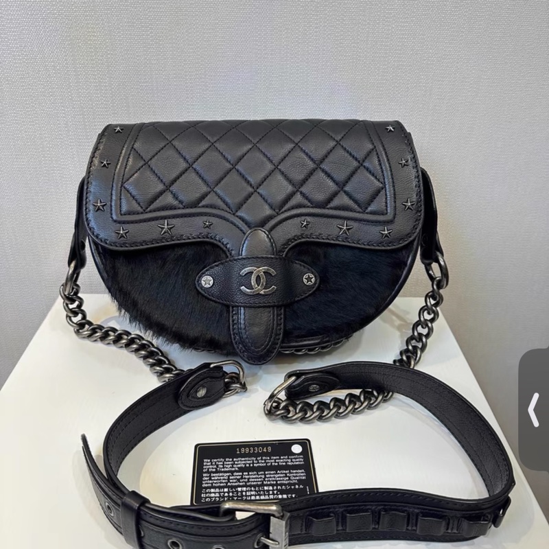 98新Chanel香奈兒黑色馬毛拼皮達拉斯五角星星馬鞍斜挎包 已絕版 配件 有卡 19開-0