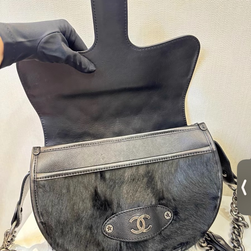 98新Chanel香奈兒黑色馬毛拼皮達拉斯五角星星馬鞍斜挎包 已絕版 配件 有卡 19開-4