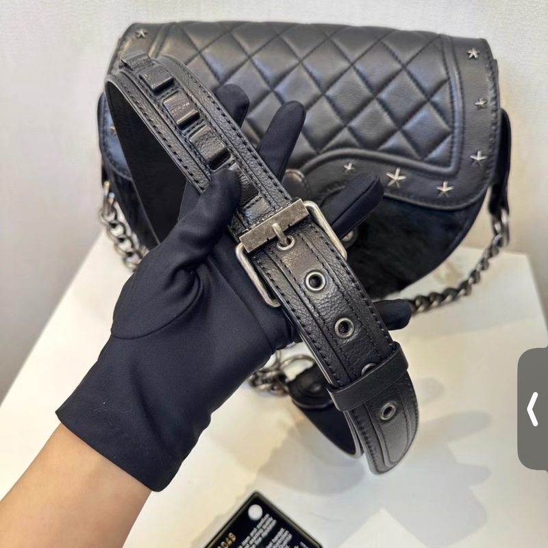 98新Chanel香奈兒黑色馬毛拼皮達拉斯五角星星馬鞍斜挎包 已絕版 配件 有卡 19開-5