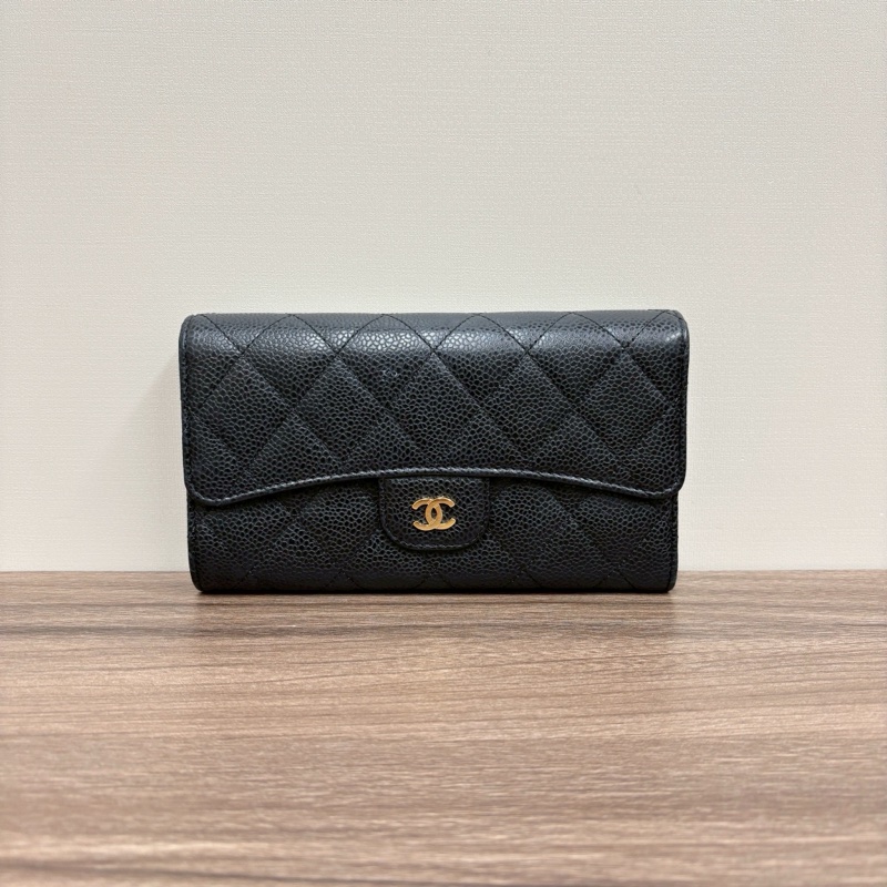 經典優雅🦢超低價😍Chanel黑金荔枝牛皮長夾錢包手拿包-1