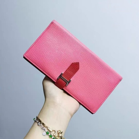 愛馬仕 Hermès Bearn H 長夾｜紅×粉雙色｜銀扣山羊皮｜拉鍊零錢層