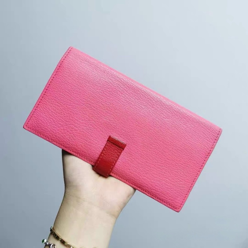 愛馬仕 Hermès Bearn H 長夾|紅×粉雙色|銀扣山羊皮|拉鍊零錢層-1