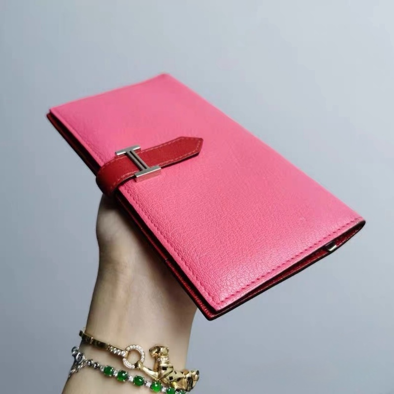 愛馬仕 Hermès Bearn H 長夾|紅×粉雙色|銀扣山羊皮|拉鍊零錢層-3