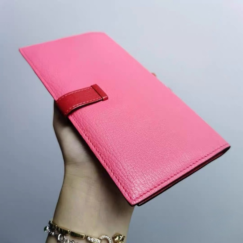 愛馬仕 Hermès Bearn H 長夾|紅×粉雙色|銀扣山羊皮|拉鍊零錢層-5