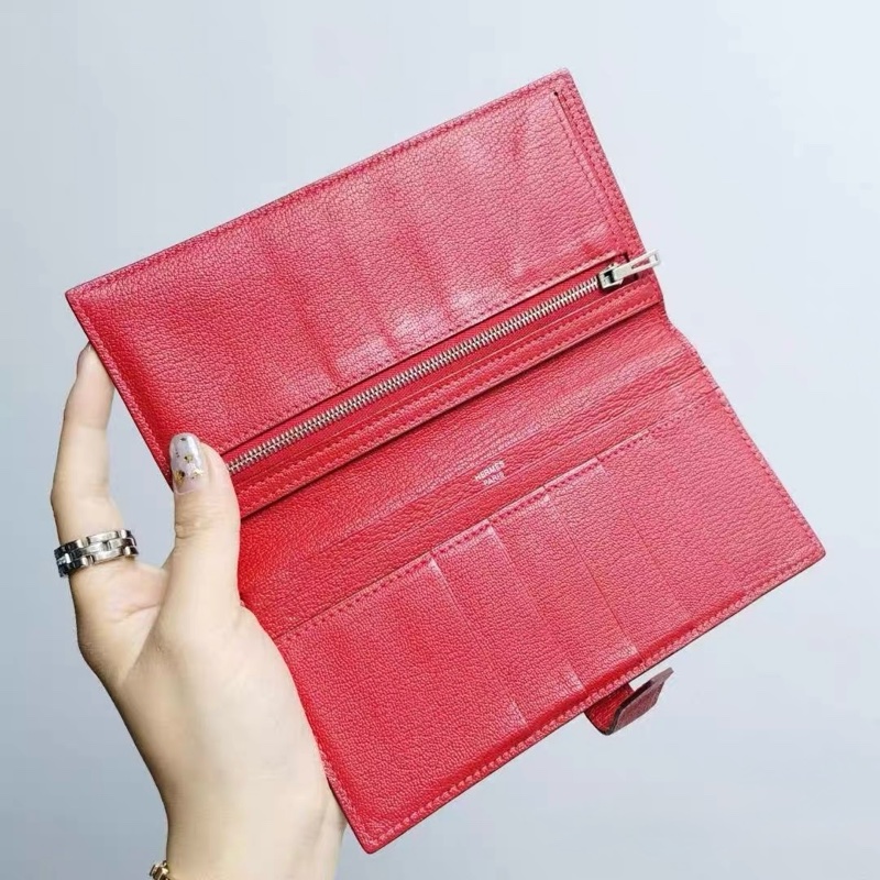 愛馬仕 Hermès Bearn H 長夾|紅×粉雙色|銀扣山羊皮|拉鍊零錢層-6