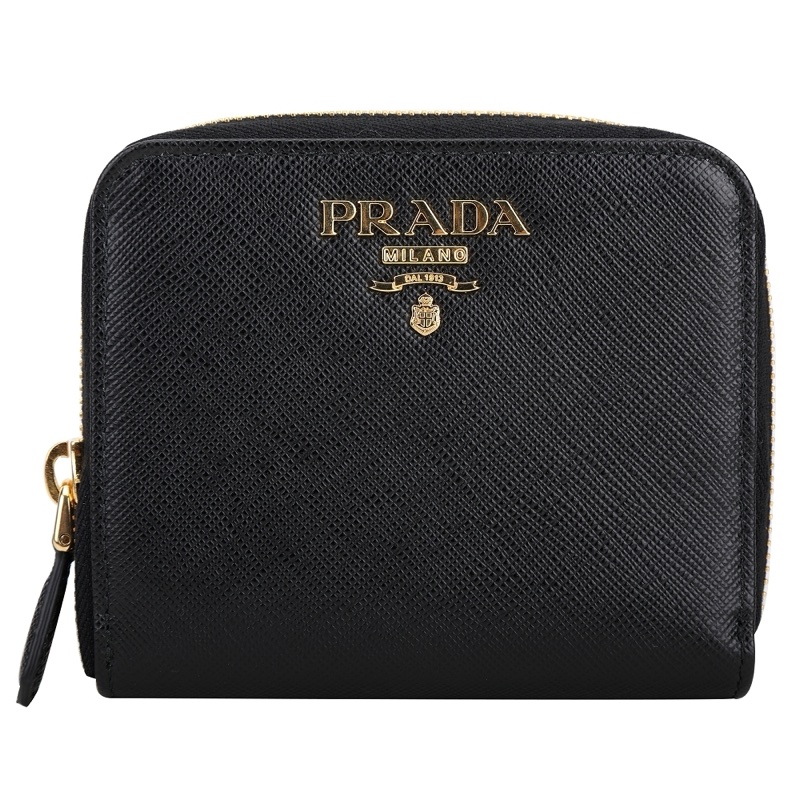 PRADA Saffiano 金字防刮牛皮拉鍊短夾(黑色)-0