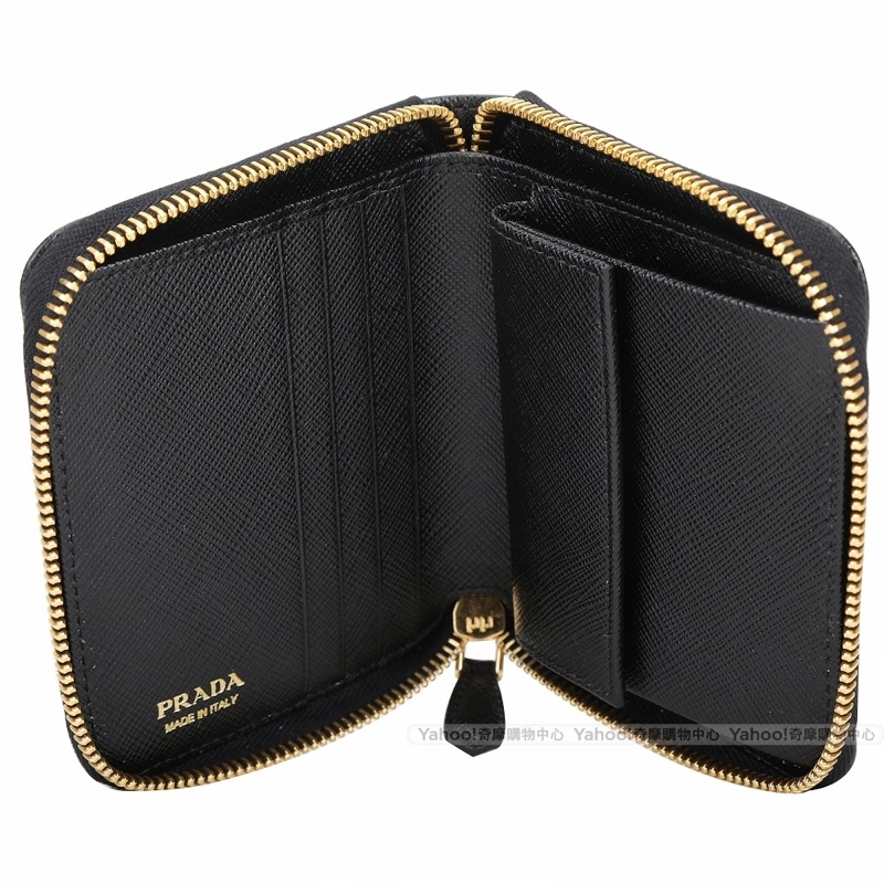 PRADA Saffiano 金字防刮牛皮拉鍊短夾(黑色)-3