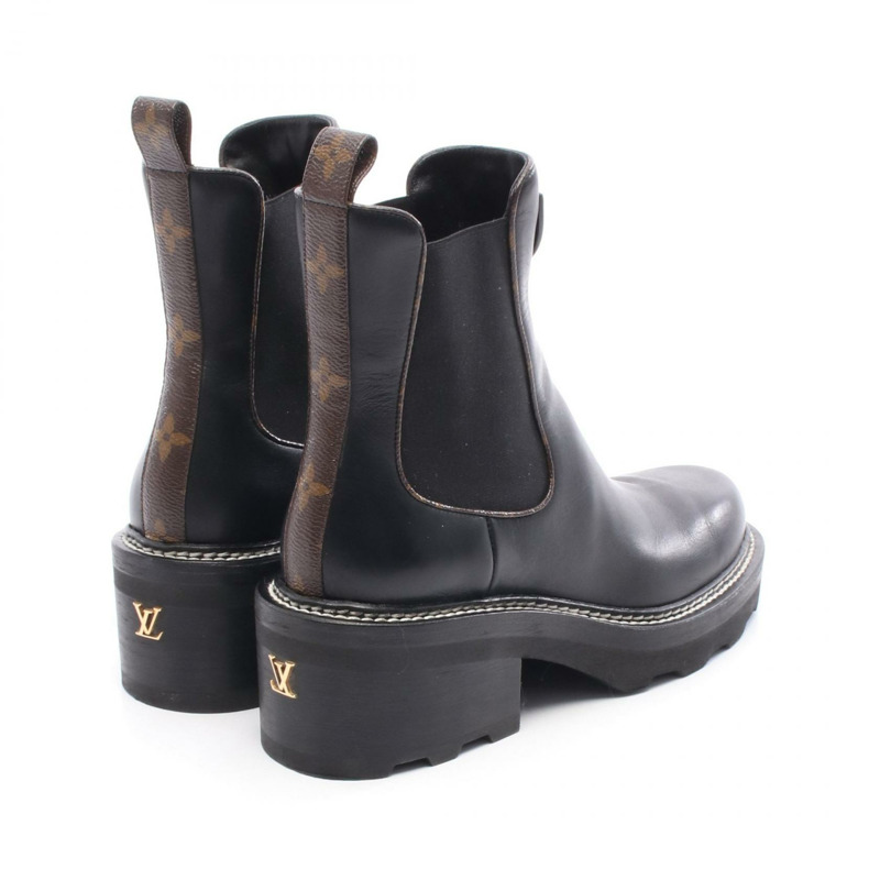 路易威登 Bobble Line Monogram 短靴 #38 黑色棕色皮革帆布靴-1