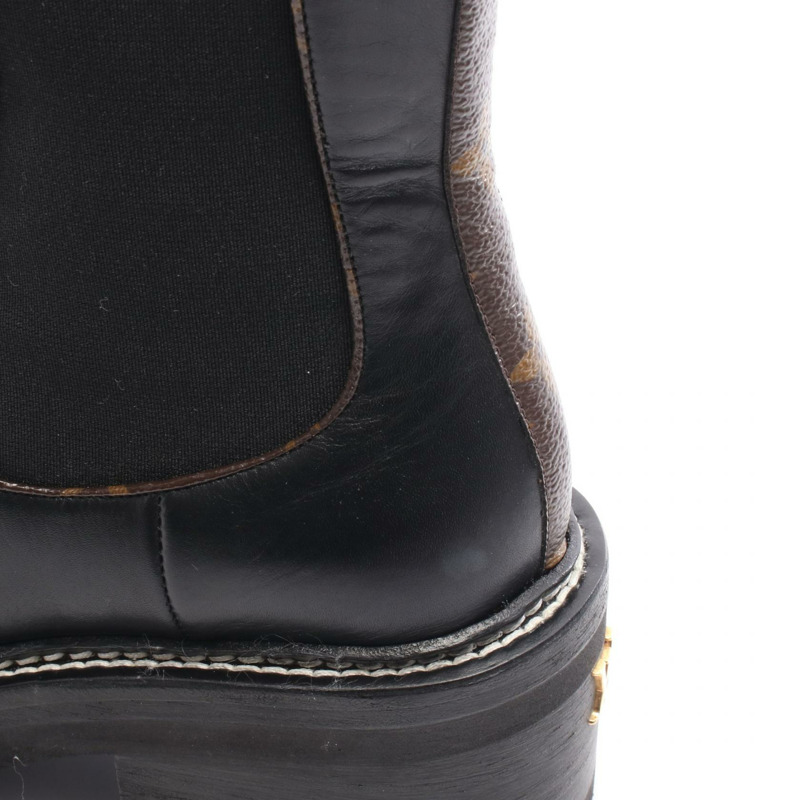 路易威登 Bobble Line Monogram 短靴 #38 黑色棕色皮革帆布靴-7