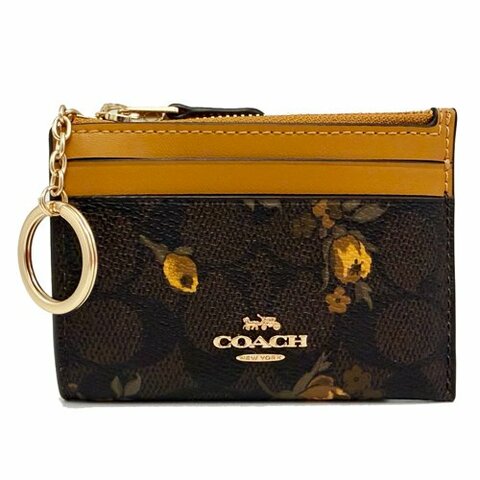 [全新] COACH  C LOGO悠遊卡夾鑰匙零錢包(花卉咖)