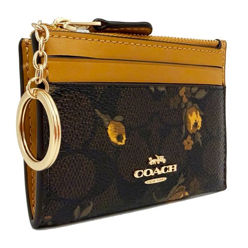 [全新] COACH  C LOGO悠遊卡夾鑰匙零錢包(花卉咖)-1
