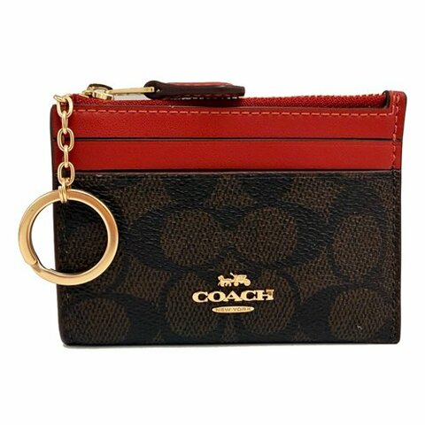 [全新] COACH  C LOGO悠遊卡夾鑰匙零錢包(深咖/紅)