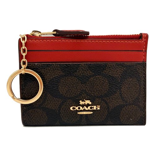 [全新] COACH  C LOGO悠遊卡夾鑰匙零錢包(深咖/紅)-0