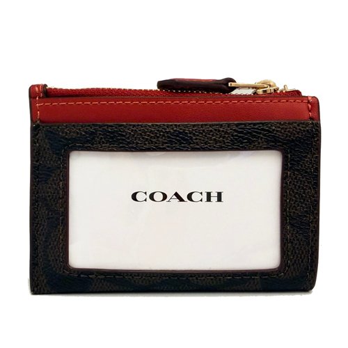 [全新] COACH  C LOGO悠遊卡夾鑰匙零錢包(深咖/紅)-2