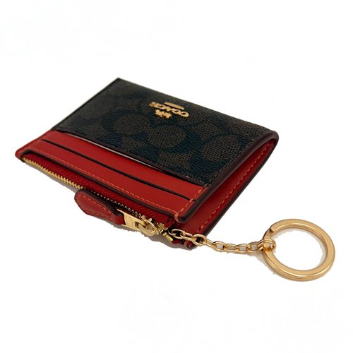 [全新] COACH  C LOGO悠遊卡夾鑰匙零錢包(深咖/紅)-3