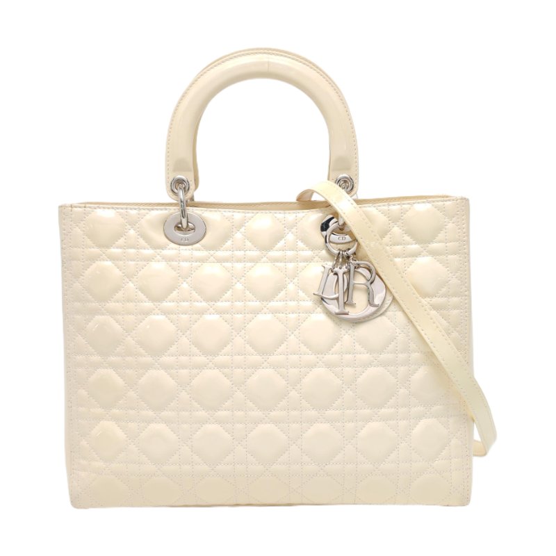 DIOR Lady Dior 大號米色漆皮藤格紋絎縫戴妃七格單肩包手提包銀色五金可拆卸肩帶-0