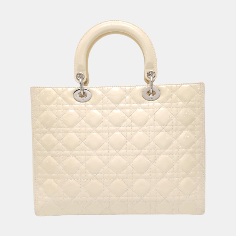 DIOR Lady Dior 大號米色漆皮藤格紋絎縫戴妃七格單肩包手提包銀色五金可拆卸肩帶-4