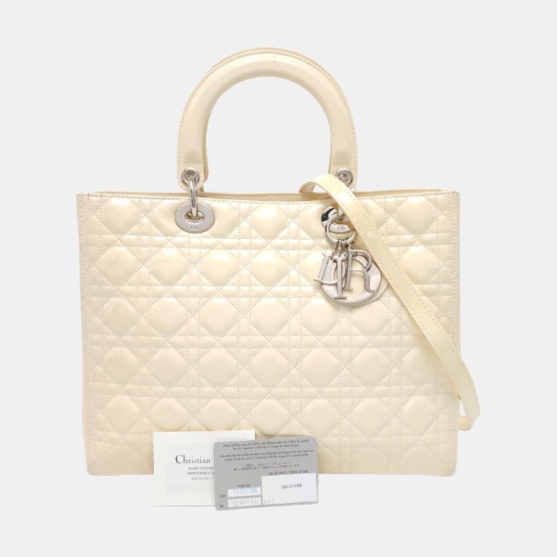 DIOR Lady Dior 大號米色漆皮藤格紋絎縫戴妃七格單肩包手提包銀色五金可拆卸肩帶-7