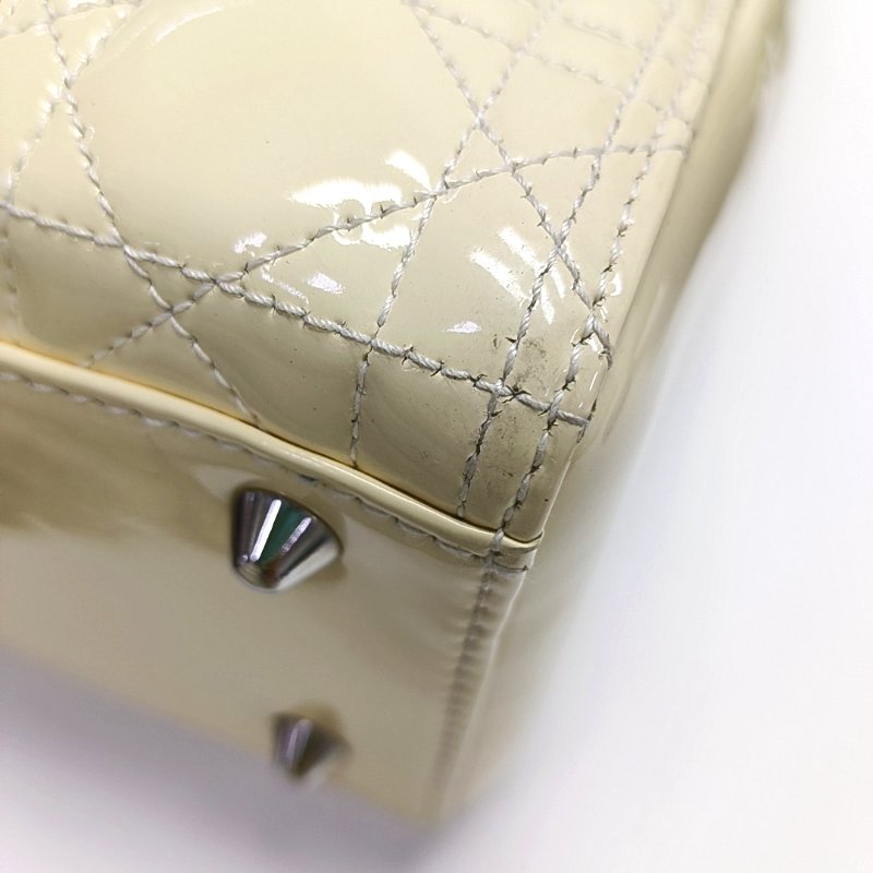 DIOR Lady Dior 大號米色漆皮藤格紋絎縫戴妃七格單肩包手提包銀色五金可拆卸肩帶-14