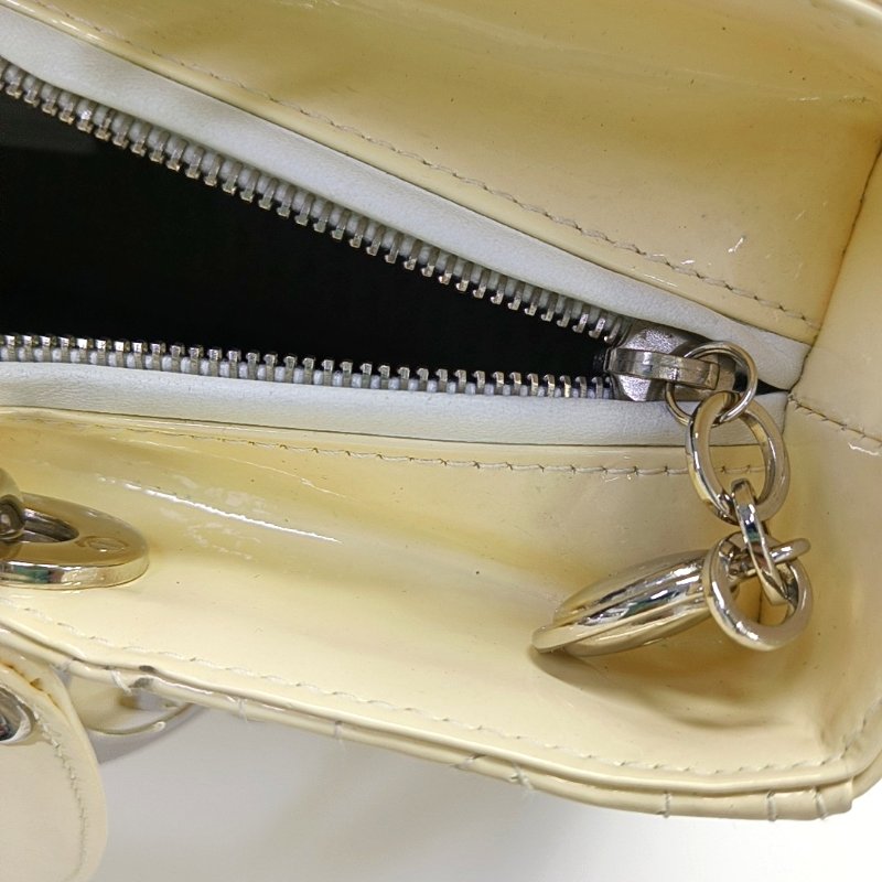 DIOR Lady Dior 大號米色漆皮藤格紋絎縫戴妃七格單肩包手提包銀色五金可拆卸肩帶-18