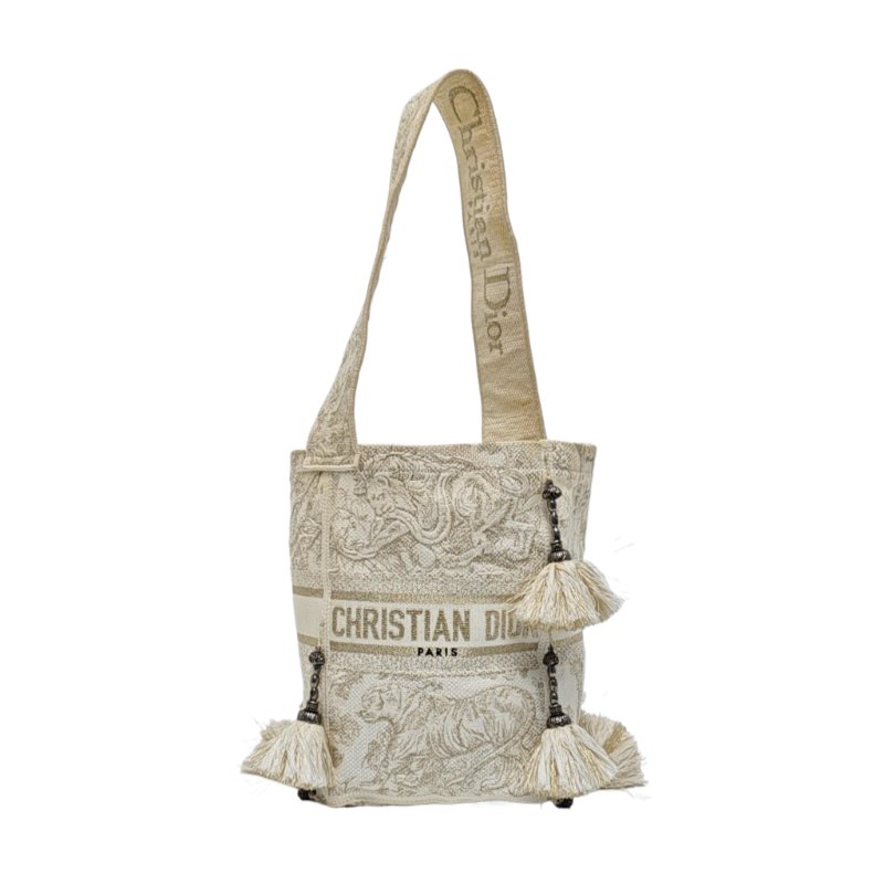DIOR D-Bubble白色織物刺繡流蘇單肩包手提包銀色五金-0