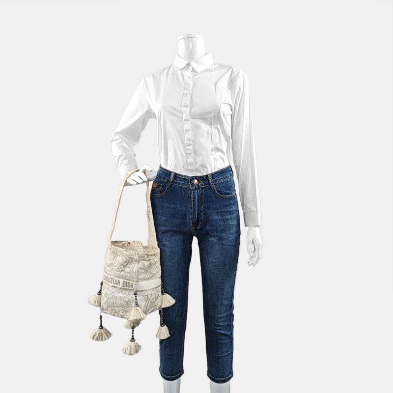 DIOR D-Bubble白色織物刺繡流蘇單肩包手提包銀色五金-1