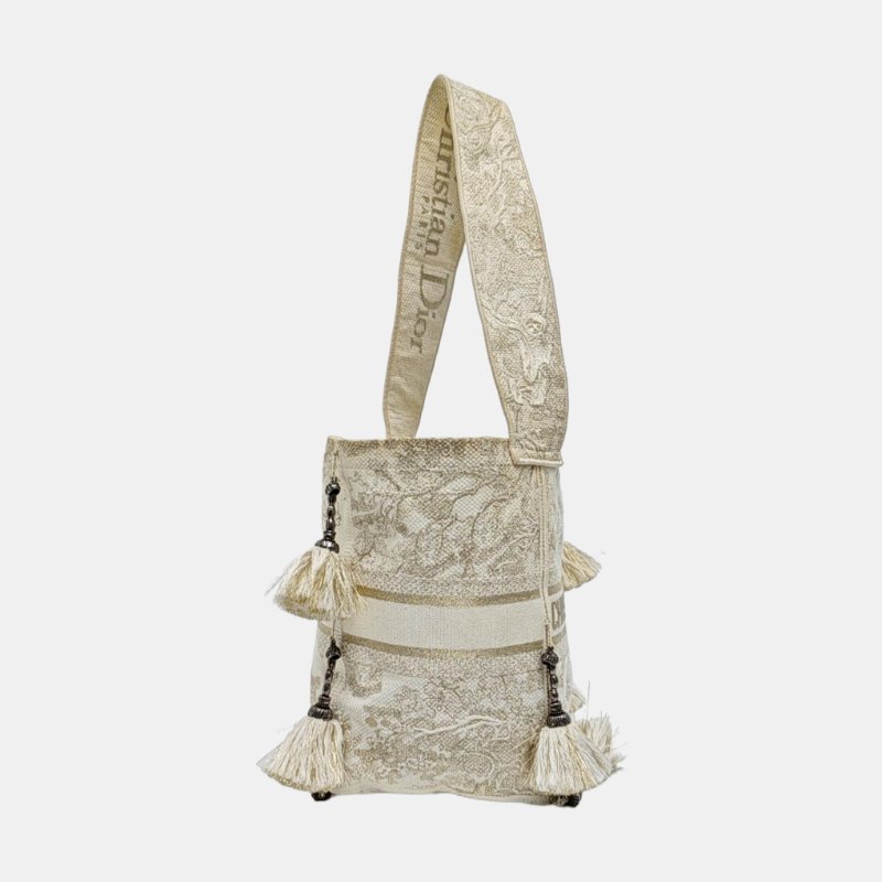 DIOR D-Bubble白色織物刺繡流蘇單肩包手提包銀色五金-3