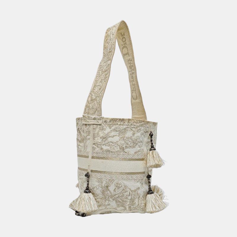 DIOR D-Bubble白色織物刺繡流蘇單肩包手提包銀色五金-4