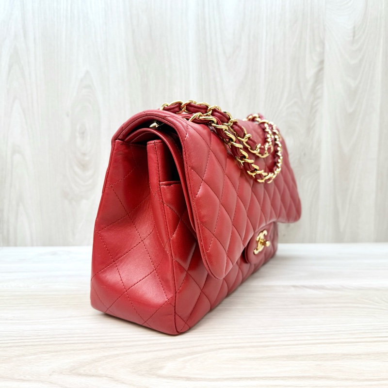 Chanel 紅色羊皮金釦菱格雙蓋JumboCOCO包A58600-3