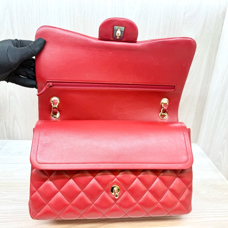 Chanel 紅色羊皮金釦菱格雙蓋JumboCOCO包A58600-7