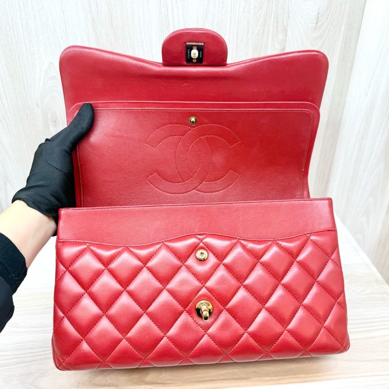 Chanel 紅色羊皮金釦菱格雙蓋JumboCOCO包A58600-8