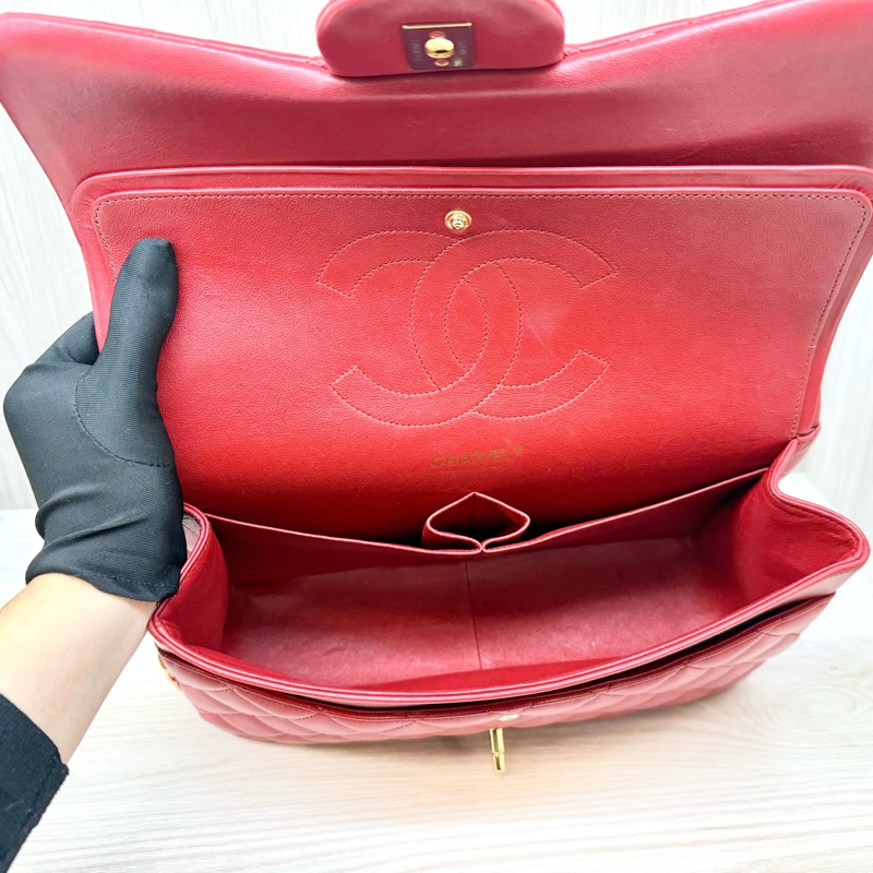 Chanel 紅色羊皮金釦菱格雙蓋JumboCOCO包A58600-9