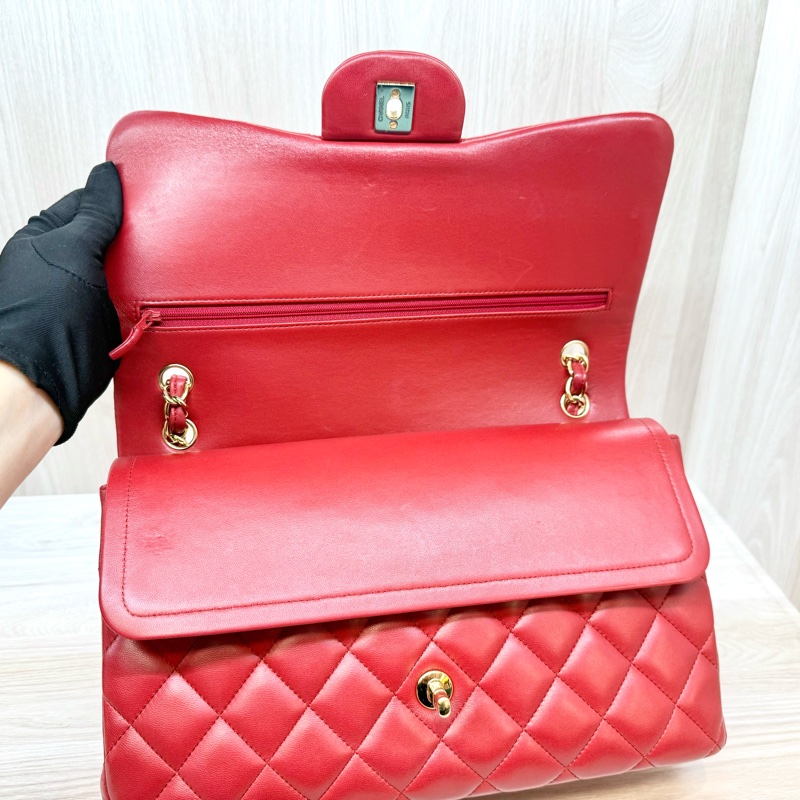Chanel 紅色羊皮金釦菱格雙蓋JumboCOCO包A58600-12