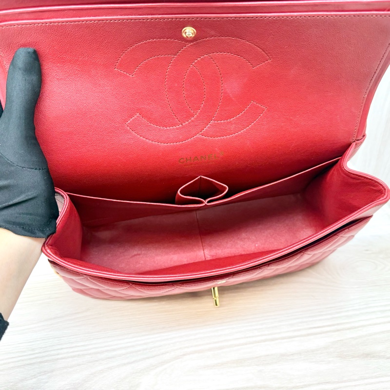 Chanel 紅色羊皮金釦菱格雙蓋JumboCOCO包A58600-13