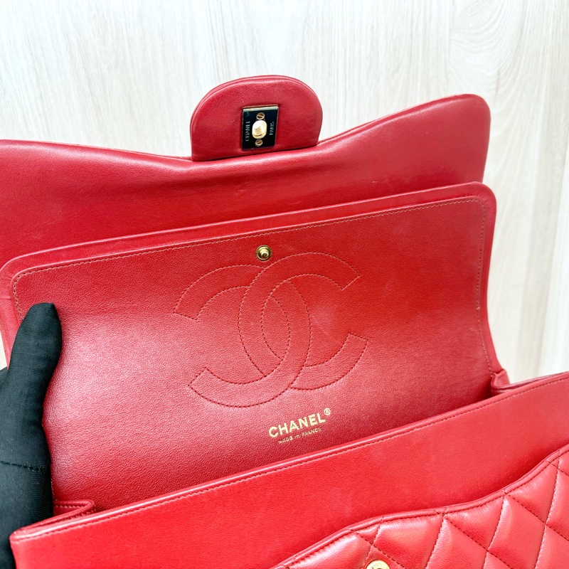 Chanel 紅色羊皮金釦菱格雙蓋JumboCOCO包A58600-15