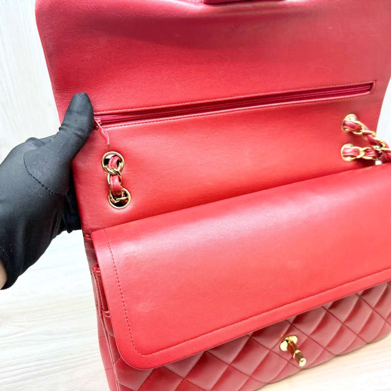 Chanel 紅色羊皮金釦菱格雙蓋JumboCOCO包A58600-19