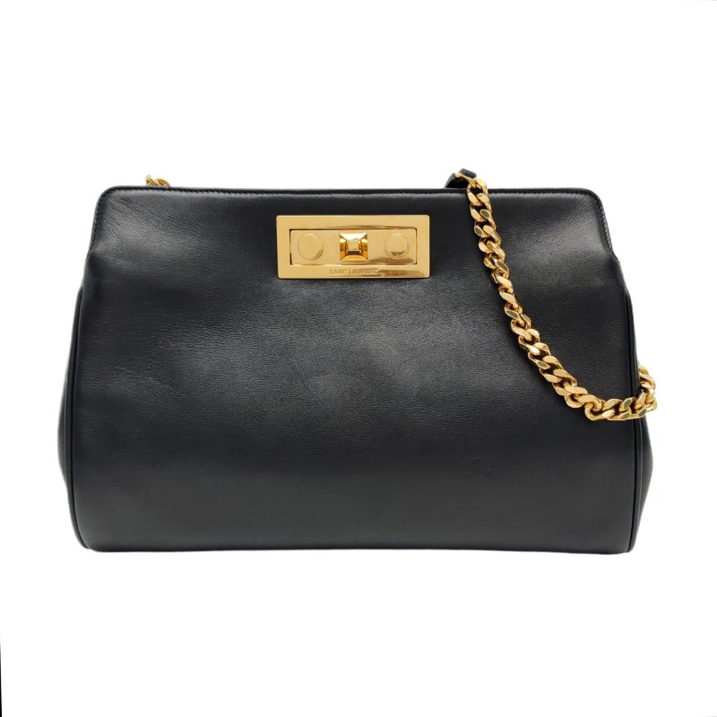 YSL黑色牛皮單肩包手提包金色五金可拆卸肩帶-0