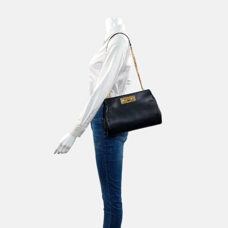 YSL黑色牛皮單肩包手提包金色五金可拆卸肩帶-1