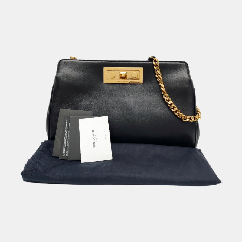 YSL黑色牛皮單肩包手提包金色五金可拆卸肩帶-7