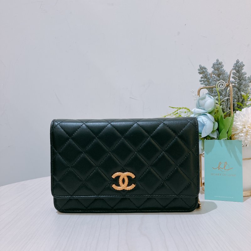 TK1919 香奈兒 黑金 小羊皮 斜孭包 Wallet On Chain Calfskin Black x GHW-0