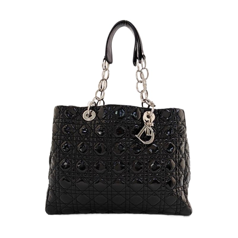 DIOR托特包黑色漆皮藤格紋手提包銀色五金-0