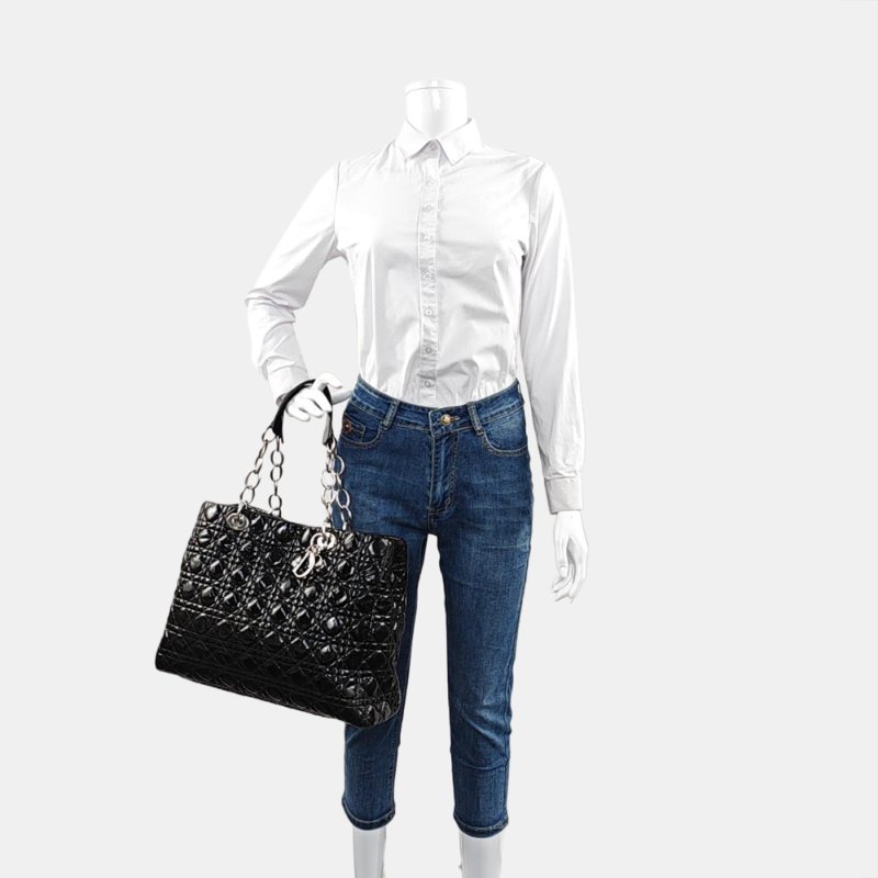 DIOR托特包黑色漆皮藤格紋手提包銀色五金-1