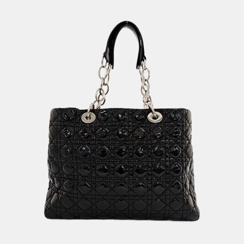 DIOR托特包黑色漆皮藤格紋手提包銀色五金-4