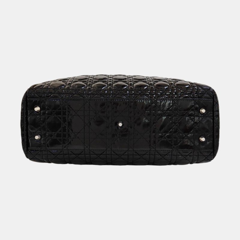 DIOR托特包黑色漆皮藤格紋手提包銀色五金-5