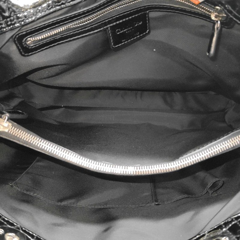 DIOR托特包黑色漆皮藤格紋手提包銀色五金-6